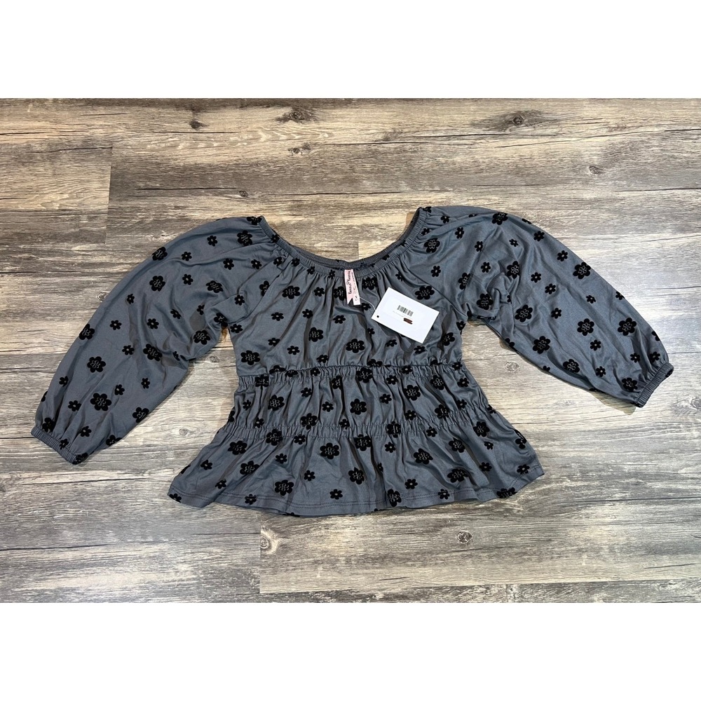 Charcoal Gray Flocked Floral‎ Boho Peasant Top Balloon Sleeve Cottagecore Blouse